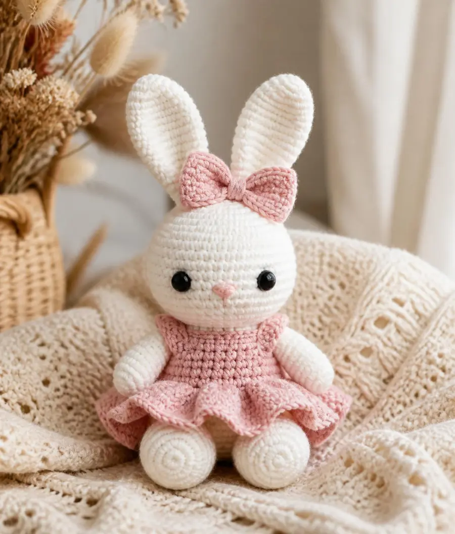Amigurumi de conejita blanca con vestido rosa y moño, tejida en crochet