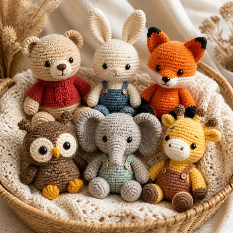 Pack 6 en 1 de amigurumis en crochet: oso con suéter rojo, conejita con jardinerito azul, zorro naranja, búho marrón, elefante con jardinerito menta y jirafa amarilla